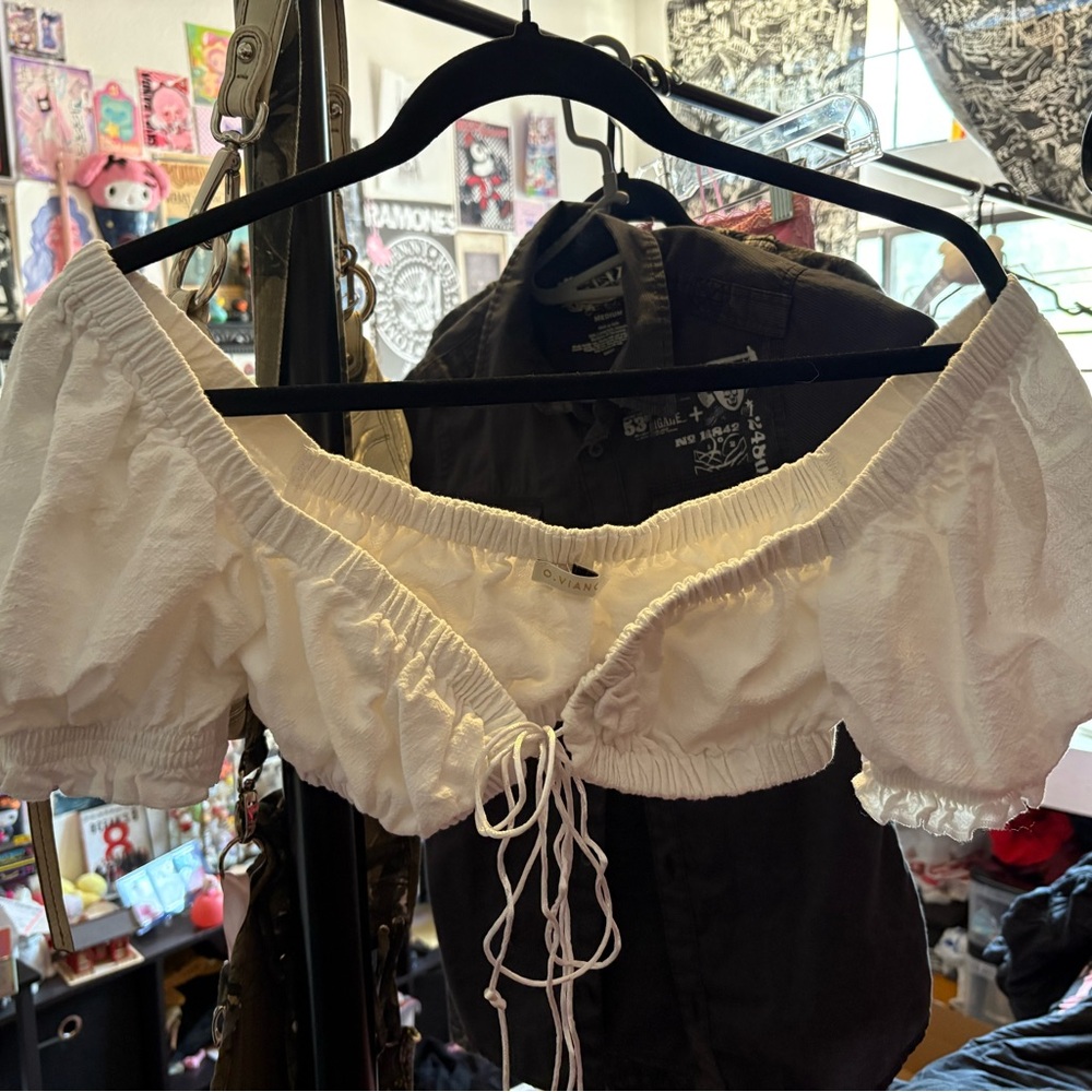 O vianca White Women's prairie milkmaid cropped bra tie front top bubble sleeves